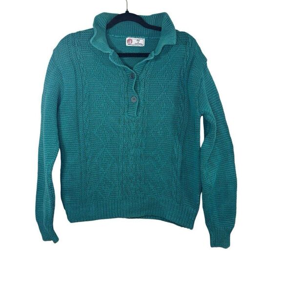 Vintage Isle of Cotton Sweater Ladies Medium Green Knit Button Pullover USA - Picture 1 of 6